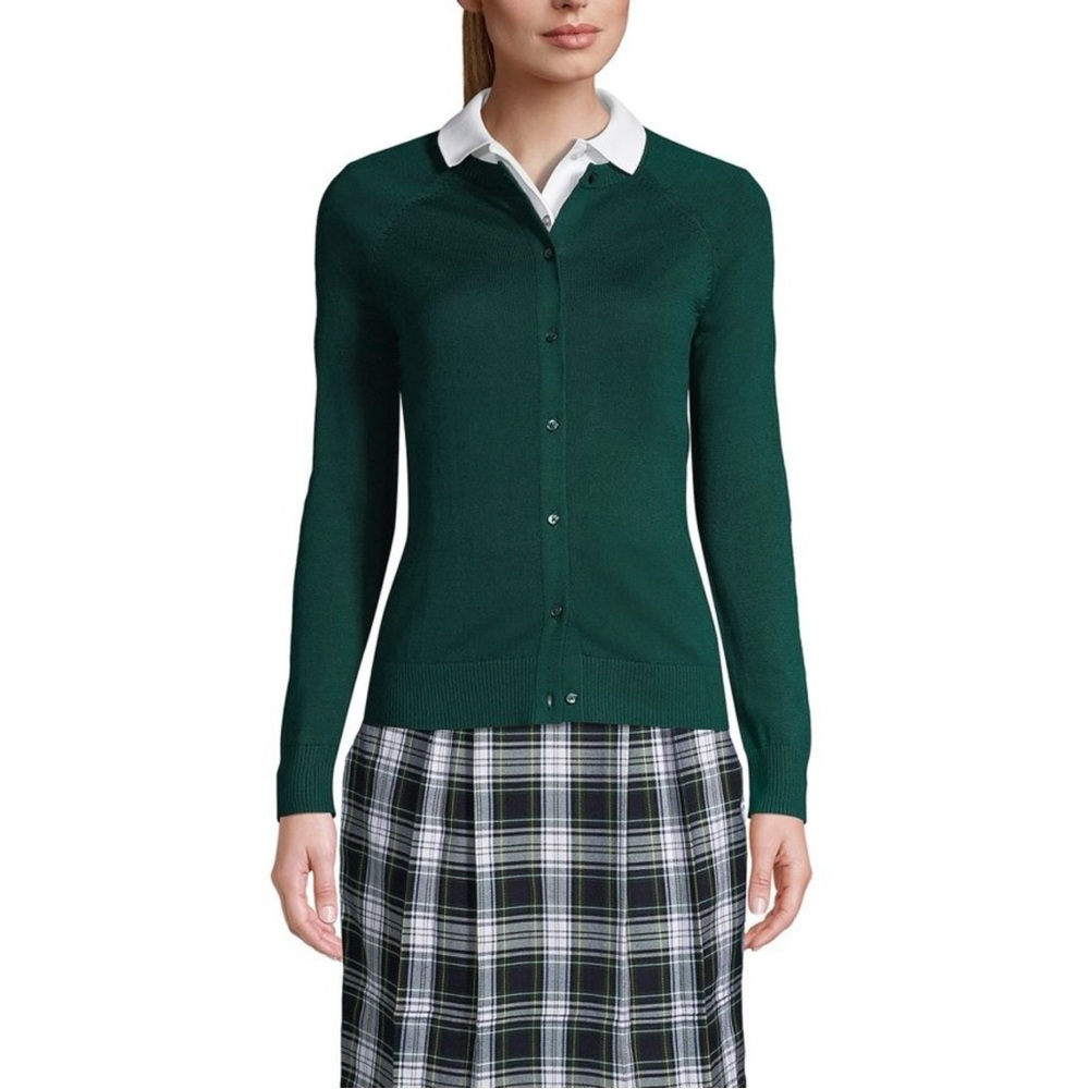 Lands' End School Uniform Women's Cotton Modal Cardigan Sweater Evergreen